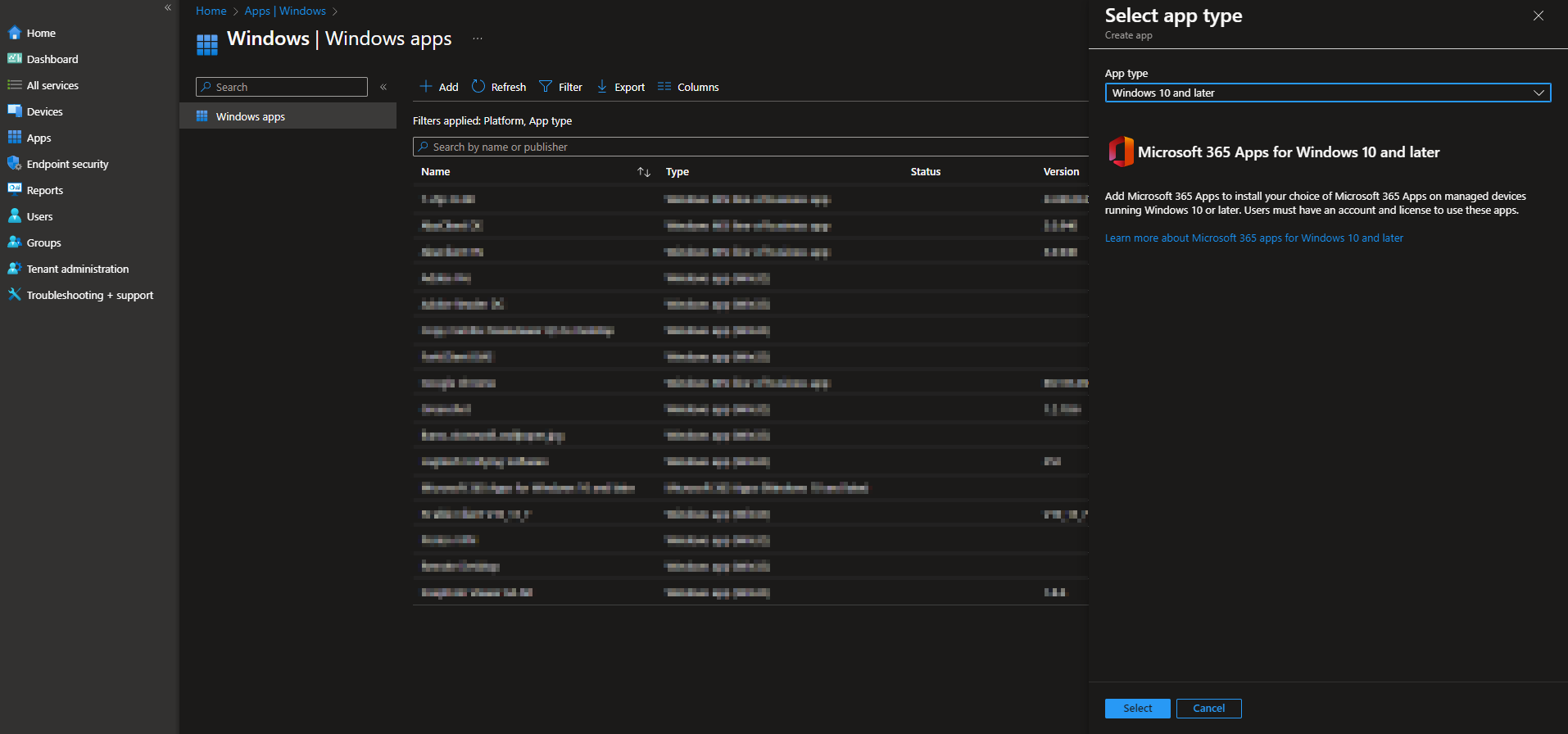 Adding Microsoft 365 Apps in Intune – Select app type